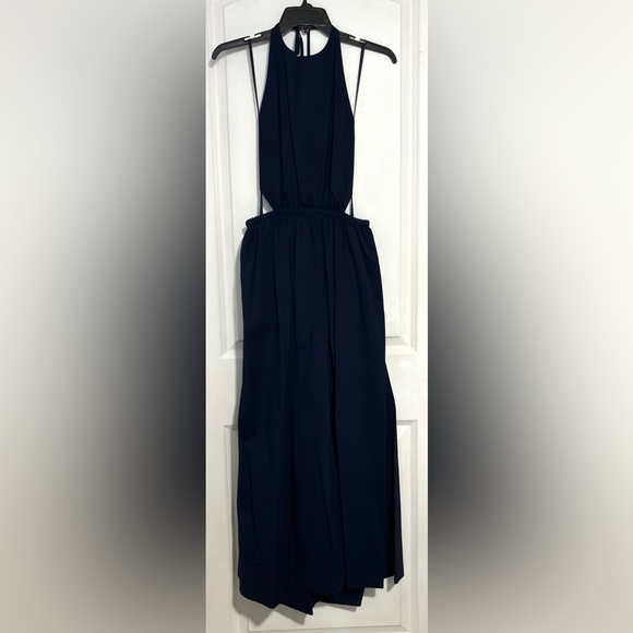 STAUD Vanessa halterneck cotton blend poplin dress pocket tie back midi navy xl - Picture 4 of 14